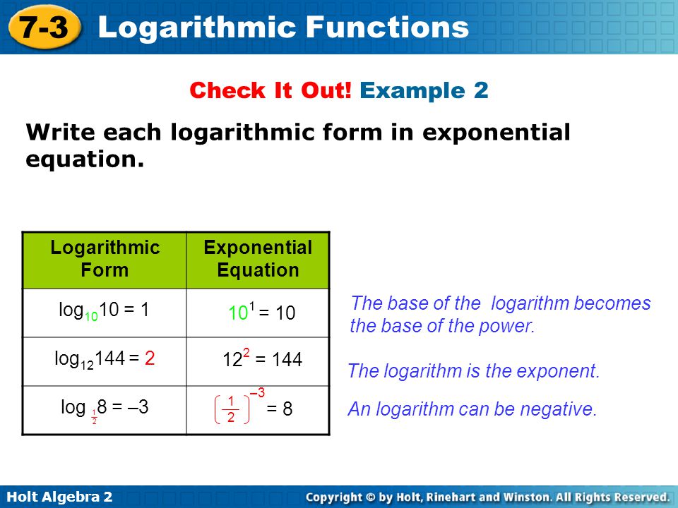 Write an exponential function in logarithmic form to exponential form